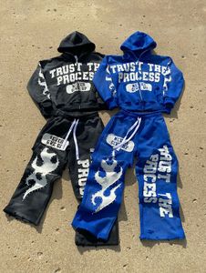 Ensemble de survêtement pour garçons, sweat-shirt à capuche avec fermeture éclair et manches longues, et pantalon avec imprimé Trust The Process, bleu et noir, style streetwear - Product Image 1