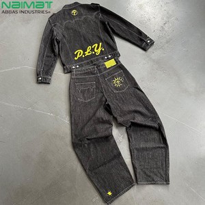 Conjunto de Chándal de Chaqueta de Mezclilla Lavada y Pantalones Vaqueros con Bordado Personalizado de Alta Calidad Estilo Urbano para Hombre - Product Image 4