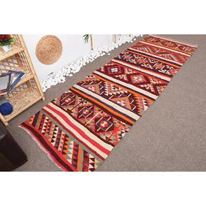 Vintage Turkish <b>Runner</b> Rug 2.9x9.1 ft (89x276 cm), <b>Red</b> Patchwork Herki Rug - Product Image 4