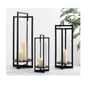 1/6 Outdoor Waterproof Black Metal Decoration <b>Wedding</b> <b>Candle</b> Lanterns Hanging Glass Garden Lantern - Product Image 1
