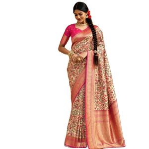 Armure royale et riche de Zari en soie de Banarasi avec le beau saree imprimé numérique floral - Product Image 1