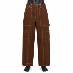 Pantalones Cargo Marrones Personalizados al por Mayor, Pantalones de Pierna Recta de Alta Calidad con Múltiples Bolsillos y Costuras en Contraste, Pantalones de Estilo Urbano para Hombre - Product Image 1