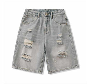Shorts amples en jean 100 % coton pour hommes, personnalisables, avec fermeture éclair, coupe décontractée, respirants, délavage clair, pour l'été – Vente en gros - Product Image 6