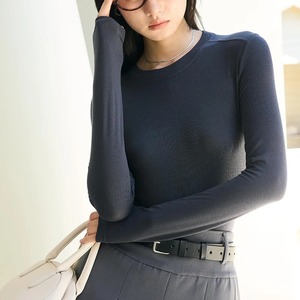 T-shirt en acétate de lyocell et laine pour femme, couleur unie, haut de base, manches longues pour le printemps, l'automne et l'hiver, col rond, coupe ajustée et chaude - Product Image 3