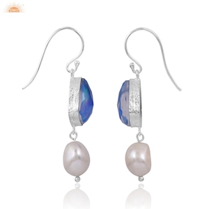 Blue Aurora <b>Opal</b> & Pearl Gemstone Beautiful Handmade Dangle Ear Wire Women <b>Earrings</b> Custom Hand Made Jewellery Manufracturer - Product Image 4