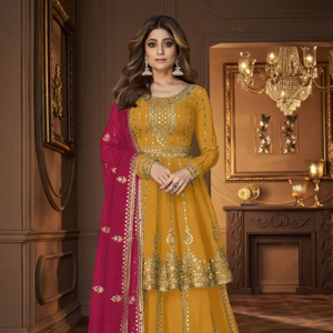 slim fit dress slacks Butterscotch yellow chanderi floor length anarkali with organza dupatt –  Sohni main image 0