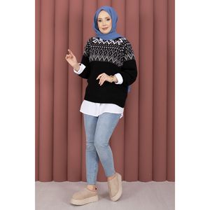 Cardigan Noir Ample en Maille pour Femme, Respirant, Motif Ethnique, Manteau d'Hiver Style Décontracté, Design Tissé, Logo Avant, Idéal pour l'Automne - Product Image 3