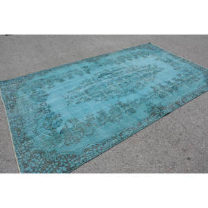 Tapis Turc Vintage 5.7 X 10.2ft Classique Bleu Laine Polyester Patchwork Design pour Salon Rectangle Couloir Style Latex - Product Image 4