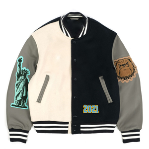 แจ็กเก็ตเบสบอลมหาวิทยาลัยของแท้สำหรับผู้ชายเสื้อแจ็กเก็ตขนสัตว์ปักลายสำหรับมหาลัยพร้อมเครื่องแบบแขนเสื้อหนังขายส่ง - Product Image 1