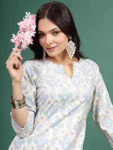 Offre Exceptionnelle 2023 : Robe Kurta Droite à Col en V et Manches Longues pour Femme, Imprimé Floral, Coton Élégant, Estival, Imprimé par Décoloration - Product Image 2
