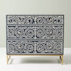 Incrustation d'os Table de chevet florale pour salon Table de chevet en incrustation d'os Table de chevet Table noire Meubles de salon de l'Inde - Product Image 1