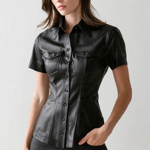 Letterman Lettre à manches courtes Tee Top Ladies Poitrine Pocket Fashion Leather Tee Shirts Women - Product Image 1