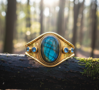 Bracelet manchette large en argent sterling 925 plaqué or avec motif feuille de labradorite, pierre ovale à reflets verts, style bohème pour femme