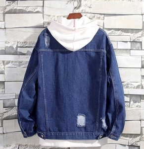 Chaqueta de Mezclilla Vintage de Alta Gama con Cuello Polo y Media Cremallera, Estilo Holgado con Parches para Hombre, Material de Tela con Capucha - Product Image 4