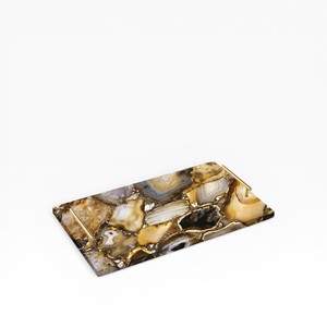Plateau rectangulaire en agate naturelle multicolore avec sections de cristal superposées et design de poignée dorée contemporaine - Product Image 1