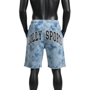 Shorts en molleton de coton délavé pour homme, tissu épais et doux, bleu, panneaux effet usé, impression en relief, logo personnalisé, shorts délavés pour homme - Product Image 2