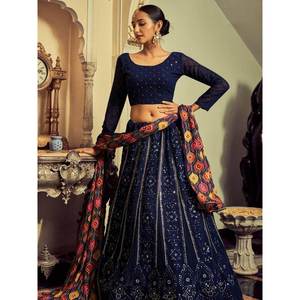 Impresionante Traje de Novia de Georgette con Lentejuelas Azul Marino - Lehenga Choli - Product Image 1