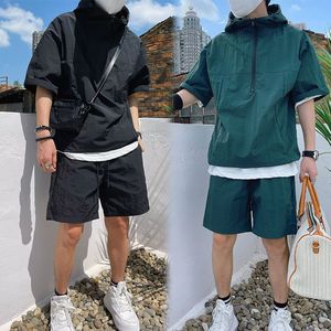 Summer New Men Two-Piece Workwear Fashion Hoodies Solid Color Shorts Set Versatile Casual Suit Loose Zipper Comfortable Stylish - Product Image 1