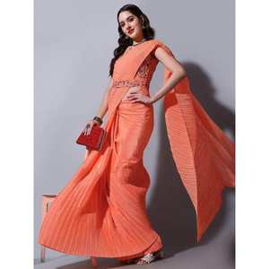 Espectacular Sari Naranja Chinon para Festividades con Blusa Bordada para Bodas - Product Image 6