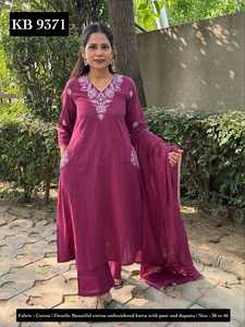 Kurta en coton décontracté et festif avec pantalon et dupatta, ensemble 3 pièces pour femmes, offres de gros au meilleur prix - Product Image 2