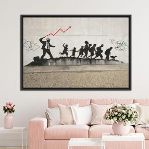 Lienzo de arte callejero de capitalismo elegante: Graffiti político, estampado de empresarios y niños, LIEÑO ENMARCADO EN NEGRO - Product Image 1