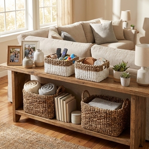 Natural Banana Bark Recycled Plastic Storage <b>Basket</b> Set White Bottom Dip <b>Rectangular</b> Shelf Box Setup Decor Pure Art Design - Product Image 4