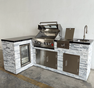 Cocina en Forma de L con Paredes de Piedra Integradas Personalizadas, Incluye Fregadero, Estufa, Parrilla para Asar y Refrigerador - Product Image 3