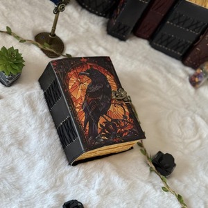 Raven Vintage leather Journal Blank Spell <b>Book</b> of <b>Shadows</b> Grimoire Travel Writing Notebook Antique Lock Closure - Product Image 3