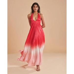 Vestido Maxi de Verano para Mujer, Estilo Tie Dye, Cuello Halter, Corte en V, Cintura Natural, Lavable, Fluido, Ideal para Fiestas en la Playa - Product Image 1