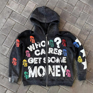 Sweat-shirts et pulls à capuche pour hommes en coton 100% tricoté, à ourlet brut, surdimensionné, lourd, 500 g/m², imprimé puff vintage, lavé - Product Image 1