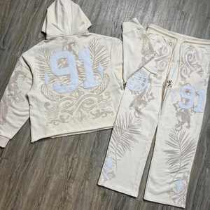 ชุดแทรคสูทผ้าฝ้ายระบายอากาศ พร้อมกางเกงขาบานปักลายแบบดิสเทรส และเสื้อฮู้ดครอป  งานพิมพ์โลโก้คุณภาพพรีเมียมตามสั่ง - Product Image 2