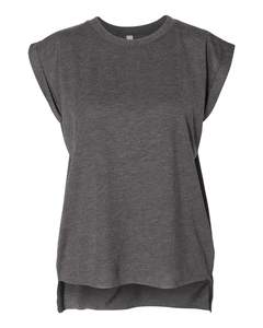 Bella + Canvas <b>Women's</b> Loose 3D Cap Sleeve Tank Top Ladies Flowy <b>Rolled</b> Cuffs Muscle Tee 804 Dark Grey Heather 65/35 - Product Image 1