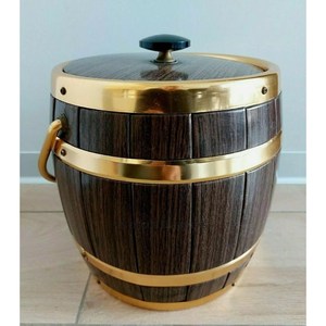 Seau à vin de forme ronde en métal de qualité supérieure poli et brillant argenté avec support de base en bambou plaqué or d'Inde - Product Image 5