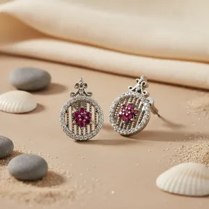 Pendientes de Plata 925 de Lujo para Mujer con Rubíes, Diseño Floral, Engaste Circular, Joyería para Boda - Product Image 2