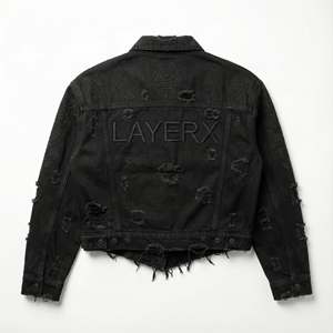 Custom Heavyweight Y2K <b>Black</b> <b>Denim</b> <b>Jacket</b> <b>Men</b> Vintage Wash Distress for Hem 3D Embroidery Single Button Closure Front - Product Image 3
