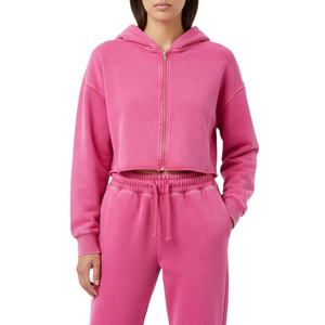 Trendy Winter Acid Wash Long Sleeve Zip Crop Hoodie Drawstring Pants Custom Logo Women's Street Hip Hop Style Hooded Tracksuit - Product Image 5