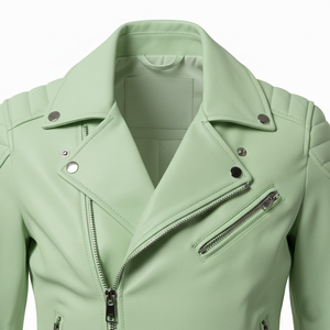 Veste de moto en cuir vert clair chic pour femmes, personnalisation de la marque, vente en gros en vrac, prix d'usine, style motard authentique, mode féminine - Product Image 6