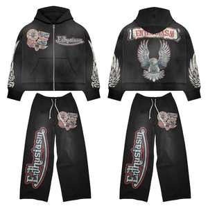 Unisex 320gsm Heavy Weight French Terry Cotton <b>Hoodie</b> <b>zip</b> <b>up</b> tracksuit Screen Print Acid Washed <b>Crop</b> Men Flared Sweatpants - Product Image 2