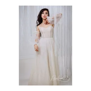 Wedding romantic floor-length dress with detachable sleeves/ White open back sparkling ANGELICA LIGHT wedding gown for bride