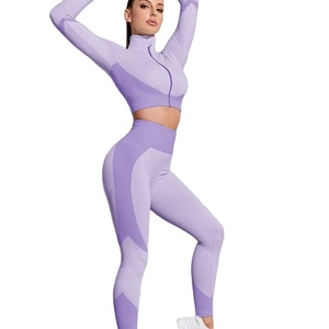 ชุดครอปเอวสูงและเลกกิ้ง2ชิ้นสำหรับเล่นโยคะยิมของผู้หญิงชุดออกกำลังกายแขนยาว - Product Image 5