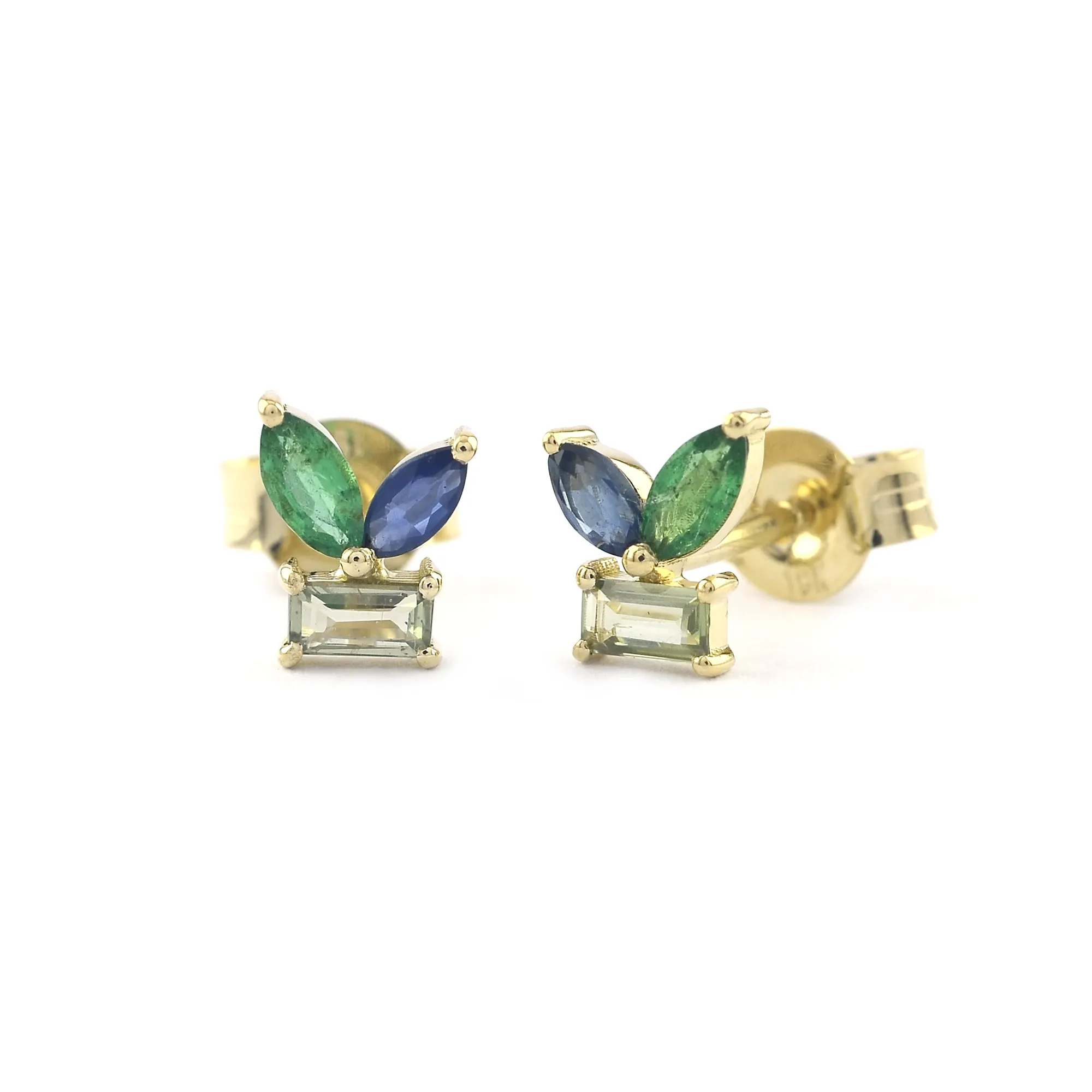 Trendy Style 18k Solid Gold Baguette Green Sapphire Marquise Blue Sapphire Emerald Stud Earrings Mulheres Jewelry Wholesale Price