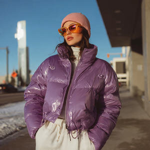 Women's Cropped Winter Knitted Puffer Jacket Stand Collar Bubble Shine Design Windproof Breathable Customizable Color Outerwear - Product Image 1