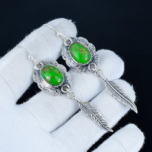 Boucle d'oreille en pierre précieuse turquoise cuivre vert, argent sterling 925, crochet de créateur, boucle d'oreille faite à la main, bijoux cadeau pour la Saint-Valentin - Product Image 1