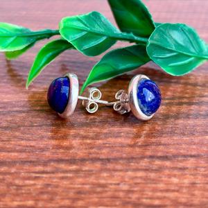 Handmade <b>Sterling</b> <b>Silver</b> <b>Stud</b> <b>Earrings</b> with Natural Lapis Lazuli Gemstones Round Cabochon Design - Product Image 1