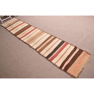 Vintage Rug, 2.6x12.3 ft Turkish Rug, <b>Brown</b> Red Oriental <b>Wool</b> Rug - Product Image 3