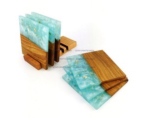 Vente en gros de sous-verres carrés en bois d'acacia avec épissage en marbre, tapis et tampons personnalisables pour bar et maison créative - Product Image 4