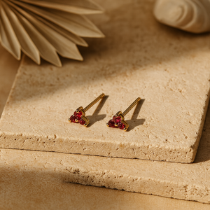 Boucles d'oreilles clous trio en or 14 carats avec rubis, diamant, perle et zircon pour mariage, fête et cadeau - Product Image 4