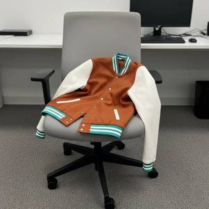 Men's Black Varsity Jacket With Leather Sleeves And White Logo Front Casual Autumn Wear - Product Image 1