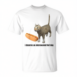 Camiseta con diseño de gato y hot dog calentado en microondas, regalo promocional para amantes de los gatos. - Product Image 3
