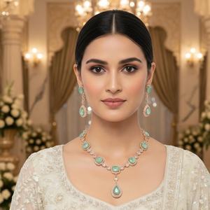 Trendy Emerald & Polki Diamond Haar <b>Necklace</b> | 925 <b>Silver</b> Pendant | Bridal Wedding Jewelry | Statement Indian <b>Necklace</b> - Product Image 1